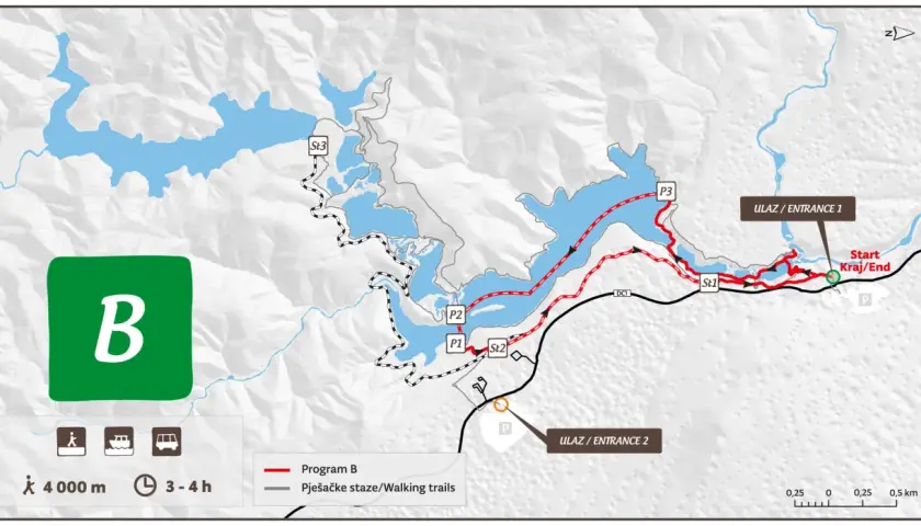 Mapa z trasami spacerowymi po Jeziorach Plitwickich. Program B oznaczony kolorem czerwonym, długość 4 km, czas 3-4h.