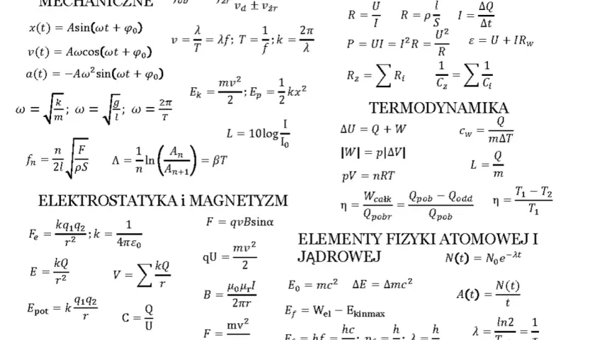 Zbiór wzorów z fizyki, w tym termodynamika, prąd elektryczny i mechanika. Widać tu termodynamika wzory opisujące energię i pracę.