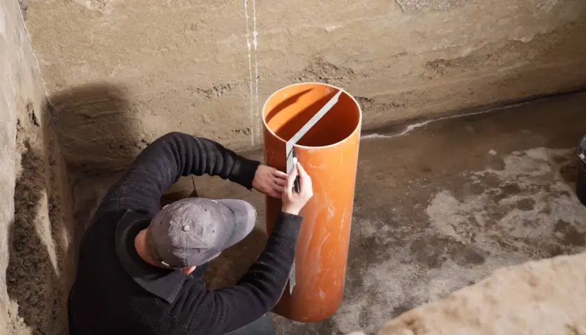Mann markiert Rohr für Pumpensumpf im Keller, um Grundwasser abzuleiten.