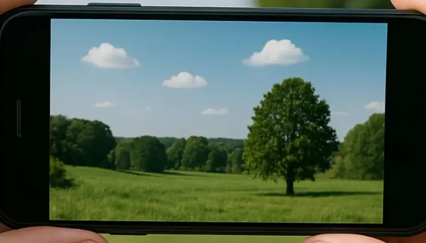 Piękne, zielone pole z samotnym drzewem i chmurami na niebie, uchwycone przez aparat w telefonie.
