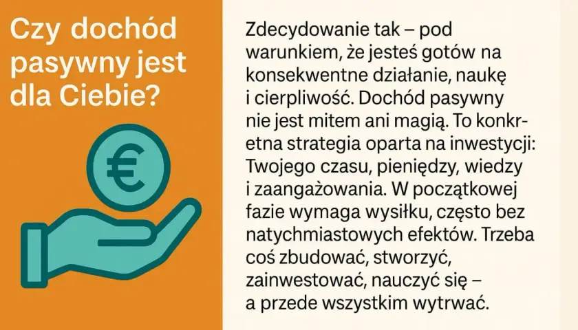 Chcesz wiedzieć, jak zacząć dochód pasywny? Grafika pokazuje rękę trzymającą monetę z symbolem euro, sugerując inwestycje i zarabianie.