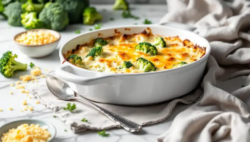 Un délicieux gratin de brocolis tout juste sorti du four, avec son fromage doré et fondant.