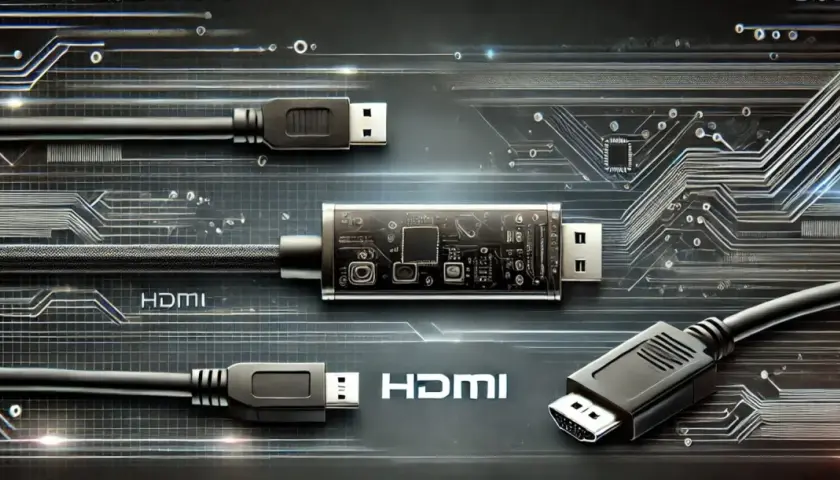 Kabel mit HDMI-Anschlüssen und ein Adapter, der an eine Leiterplatte erinnert, im Vergleich zu DisplayPort.
