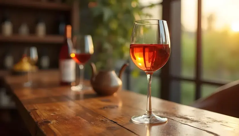 Ein Glas mit leuchtend orangefarbenem Wein steht auf einem Holztisch. Im Hintergrund sind weitere Gläser und eine Flasche zu sehen.