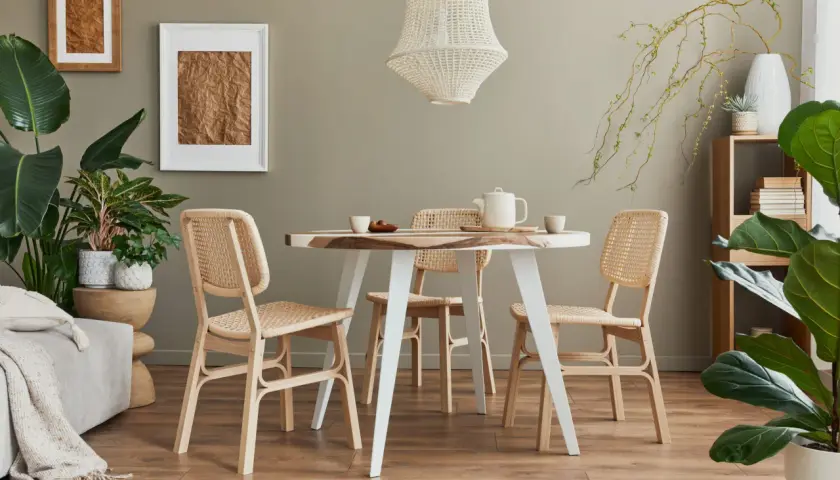 Einrichtung im skandinavischen Stil mit Rattan-Stühlen, Holztisch und Pflanzen. Viele einrichtungsstile namen passen hier.