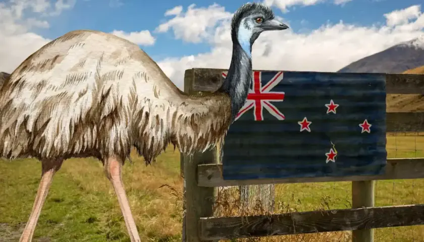 Emu, największy ptak na świecie, stoi obok flagi Nowej Zelandii na tle górskiego krajobrazu.