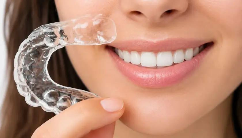 Una mujer muestra su sonrisa perfecta con un alineador transparente Invisalign.
