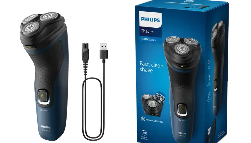 Golarka Philips 1000 Series, kabel USB i opakowanie.