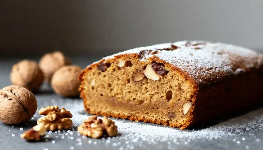 Tranche d'un gâteau aux noix moelleux, saupoudré de sucre glace, avec des noix entières et décortiquées autour. Une invitation à la recette !