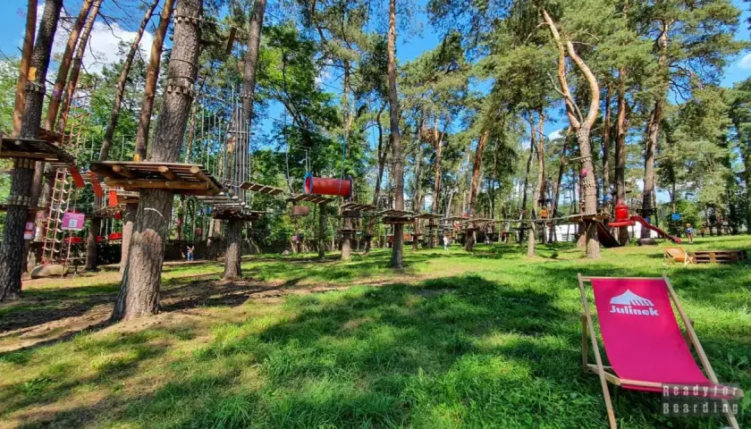 Park linowy w lesie z drewnianymi platformami i przeszkodami na drzewach. Na pierwszym planie różowy leżak.