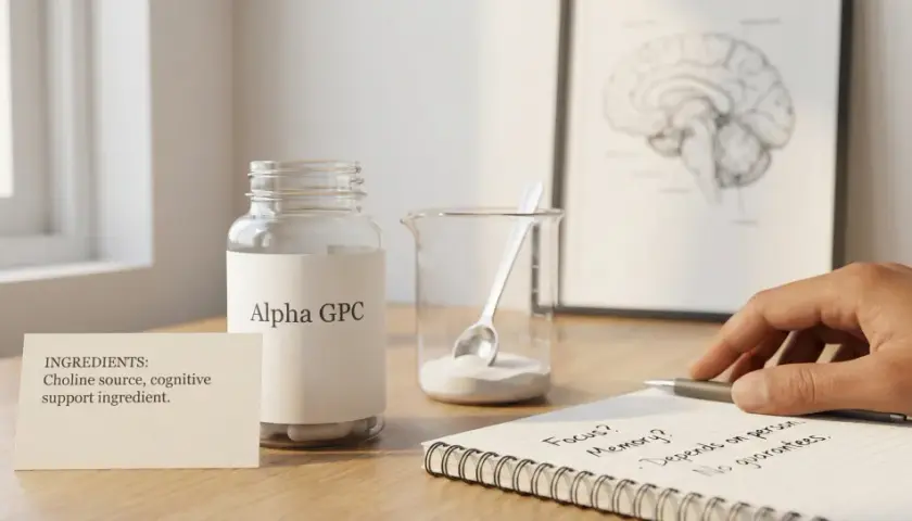Flaccone di Alpha GPC, fonte di colina per il supporto cognitivo. Sul taccuino si legge "Focus? Memory? No guarantees.