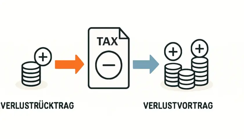 Verlustrücktrag zeigt, wie Steuern durch einen Verlustvortrag reduziert werden können. Münzstapel mit Pluszeichen werden durch ein Steuerdokument mit Minuszeichen geleitet, was zu mehr Münzen führt.