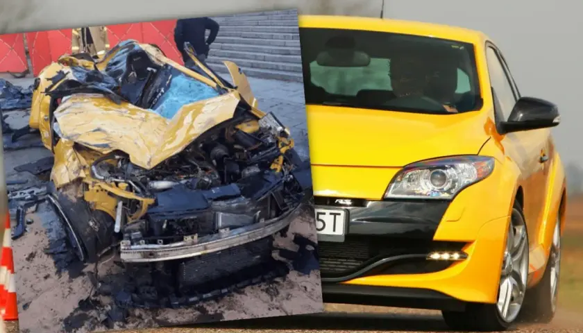 Żółty samochód po wypadku, w którym zginął syn Sylwii Peretti.
