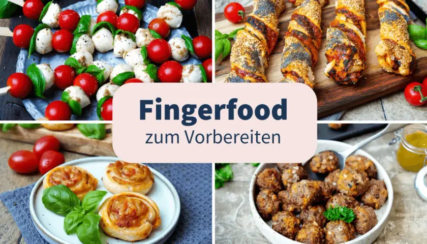 Kleine Spieße mit Mozzarella und Tomaten, herzhafte Blätterteig-Snacks, Teigschnecken und Hackbällchen – alles leckere Snacks zum Aperitif.