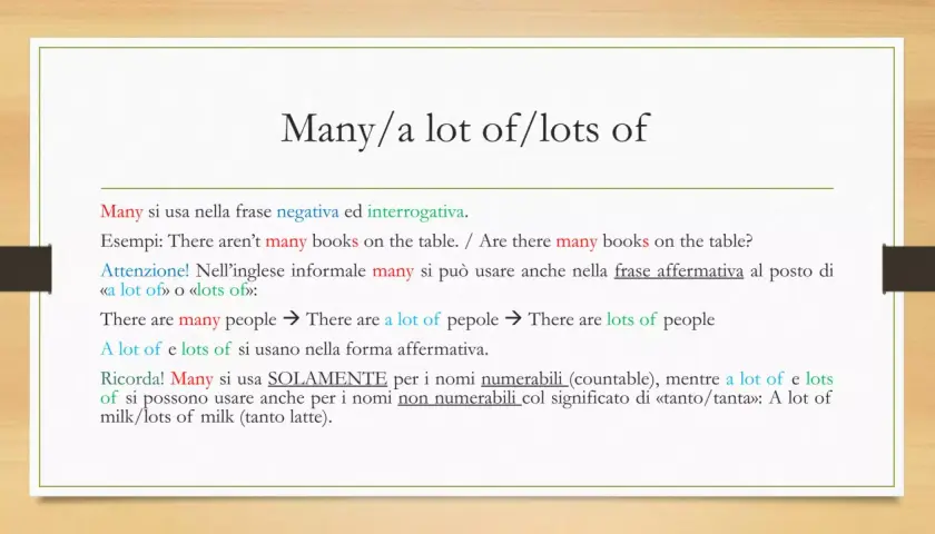 Molti/tanti/un sacco di: spiegazione sull'uso di "many", "a lot of" e "lots of" in inglese, con molti esempi.