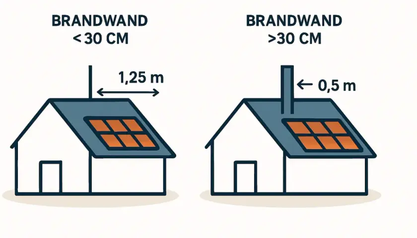 Zwei Häuser mit Solarmodulen. Links: Brandwand < 30 cm, Abstand 1,25 m. Rechts: Brandwand > 30 cm, Abstand 0,5 m. Die harte Bedachung ist hierbei wichtig.
