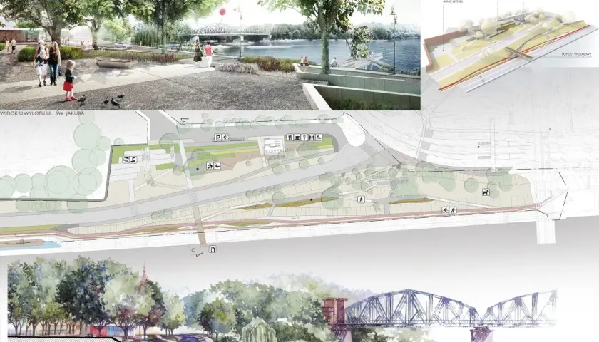 Projekt zagospodarowania bulwaru filadelfijskiego w Toruniu: wizualizacje, plany i przekroje ukazujące nowoczesną przestrzeń rekreacyjną nad rzeką.