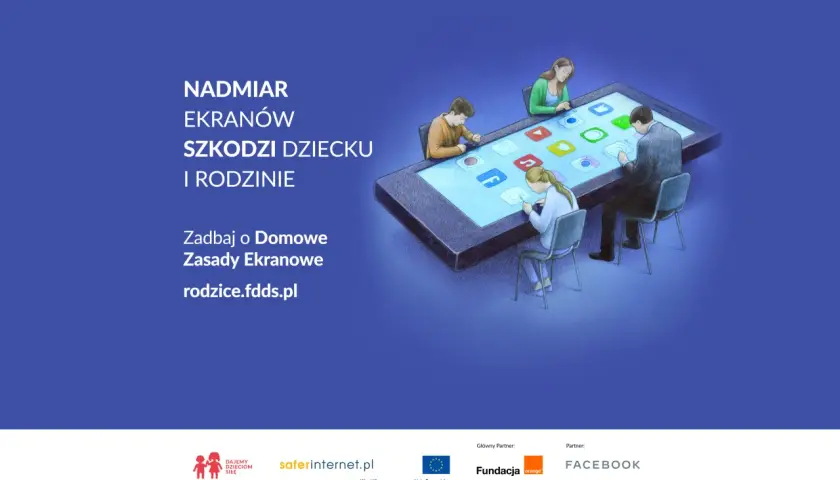 Rodzina pochłonięta przez ekrany smartfona, ilustracja ostrzegająca przed nadmiarem ekranów w wychowaniu dzieci.