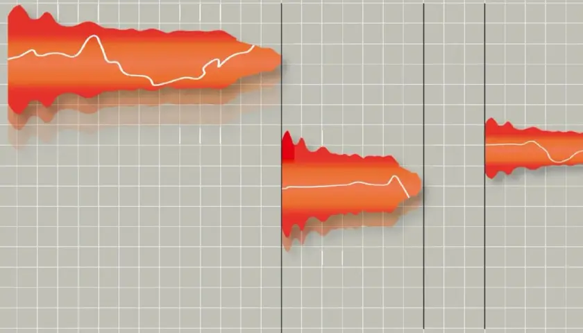 Pomarańczowe fale dźwiękowe z białymi liniami, przypominające efekt autotune, na szarym tle z siatką.