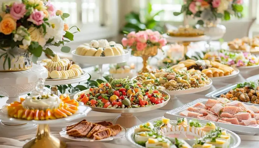 Buffet de mariage élégant avec salades colorées, petits fours, fruits et pâtisseries. Une recette mariage parfaite pour célébrer.