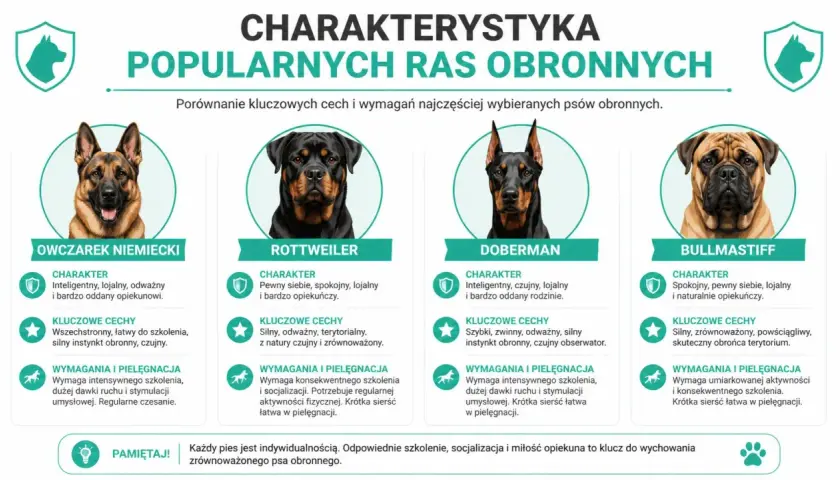 Cztery psy obronne: owczarek niemiecki, rottweiler, doberman i bullmastiff. Każdy pies stróżujący ma swoje cechy.