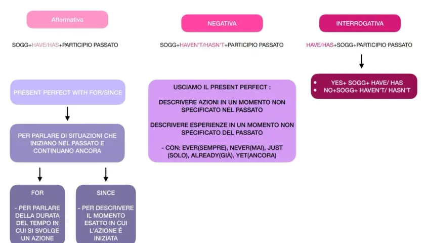Schema sul **present perfect**: forme affermativa, negativa, interrogativa e usi con "for/since".