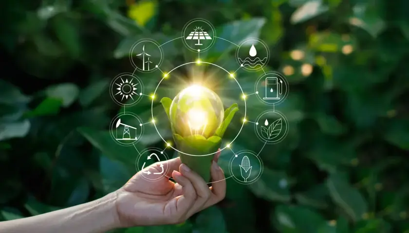 Dłoń trzyma żarówkę z zielonymi liśćmi, otoczoną ikonami symbolizującymi zrodla energii odnawialnej: słońce, wiatr, woda, biomasa.