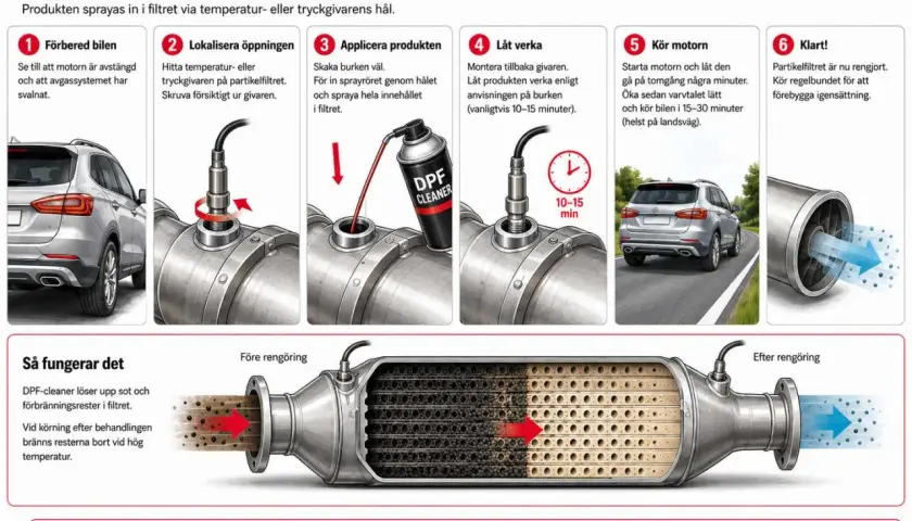 Steg-för-steg guide för regenerering av partikelfilter med DPF-cleaner spray. Rengör dieselpartikelfiltret utan demontering.