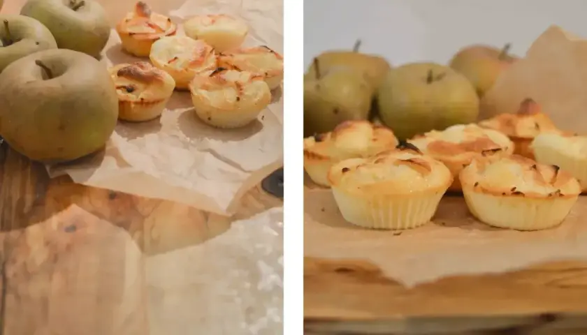 Pudełko na muffinki z jabłkami w tle. Słodkie wypieki wyglądają apetycznie.