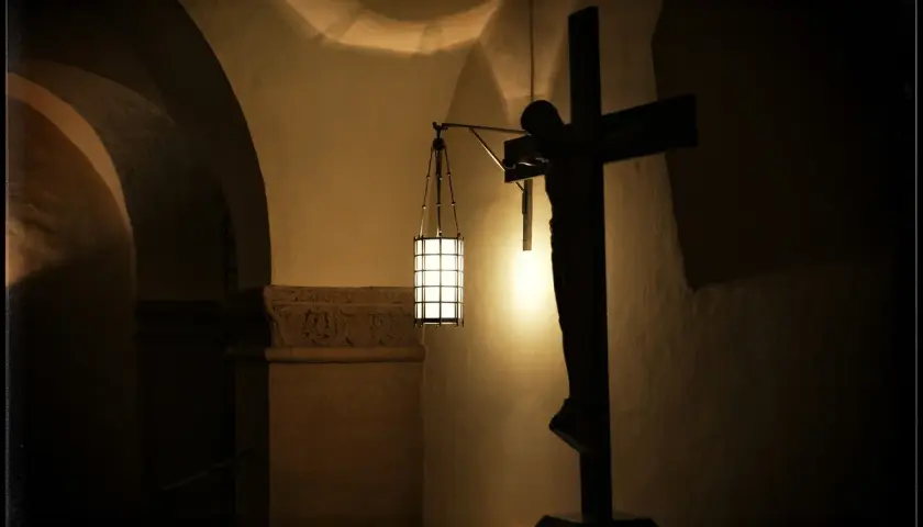 Ciemny krucyfiks i lampa oświetlają wnętrze kościoła. W ciszy rozbrzmiewa modlitwa "Ojcze nasz".