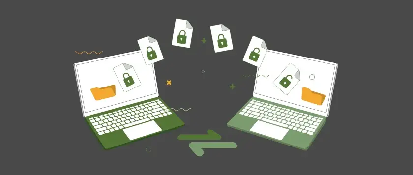 Dwa laptopy wymieniające zaszyfrowane pliki, symbolizujące bezpieczne przechowywanie danych.