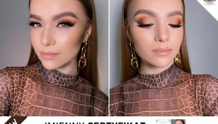 Makijaż foxy eyes z kocim spojrzeniem, podkreślony brązowymi cieniami i wyraźną kreską. Ukończony kurs makijażu.