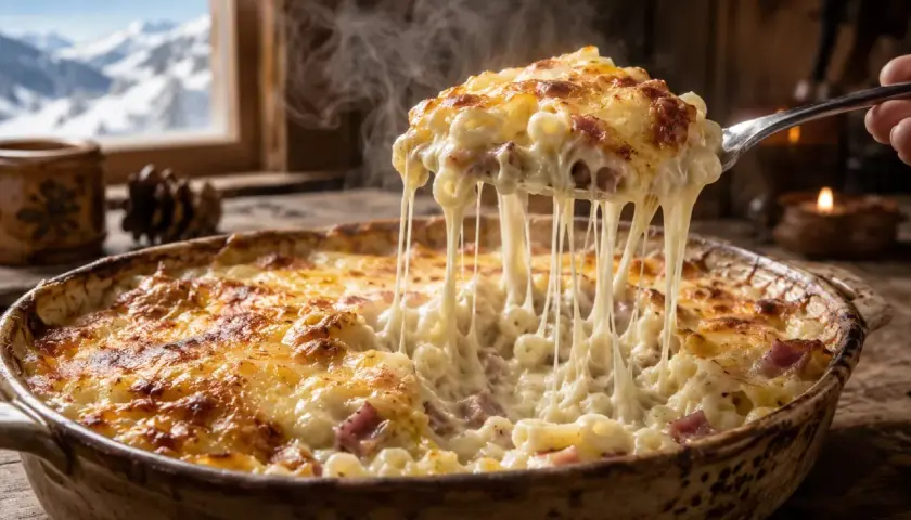 Un gratin de crozet fumant, débordant de fromage filant, réconfortant après une journée au ski.