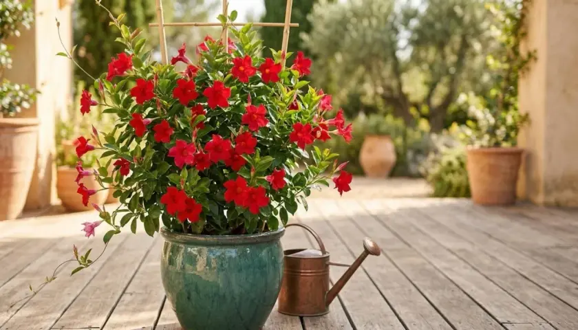 Un dipladenia rouge éclatant, prêt pour une belle exposition ensoleillée, dans un pot vert émeraude sur une terrasse en bois.