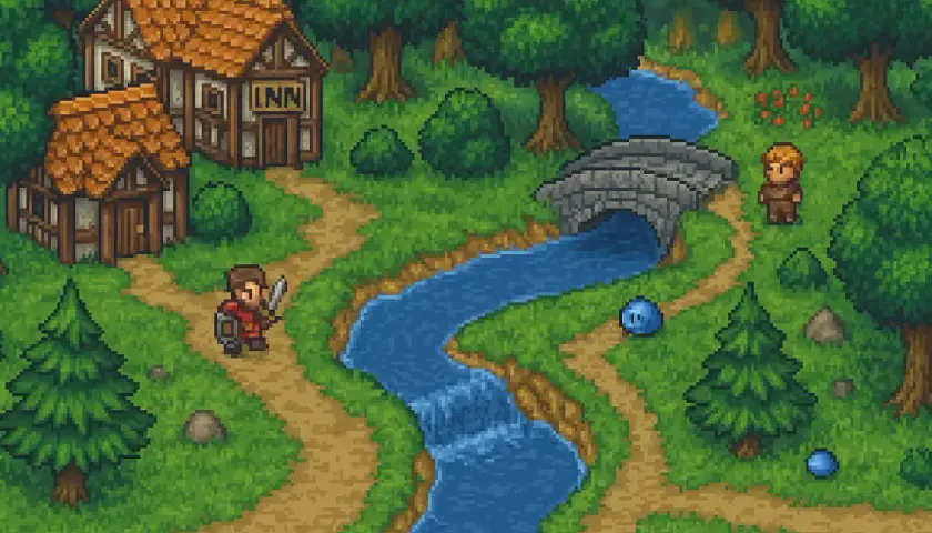 Pixelartowa scena z karczmą, rzeką i mostem. Postać z mieczem i tarczą przemierza ścieżkę, jak w popularnych grach RPG.