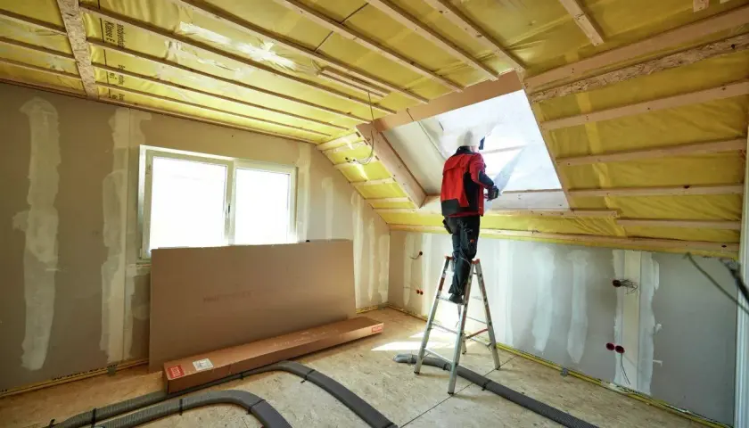 Lavoratore su scala installa isolamento giallo nel sottotetto, una scelta chiave per capire se meglio isolare il tetto o il sottotetto.