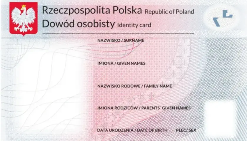 Wzór dowodu osobistego Rzeczypospolitej Polskiej. Dokument zawiera dane osobowe, takie jak nazwisko, imiona, nazwisko rodowe, imiona rodziców, datę urodzenia i płeć.