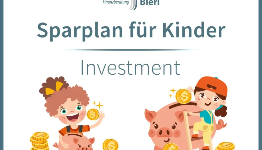 Sparplan für Kinder: Zwei fröhliche Kinder legen Münzen in Sparschweine. Finanzberatung Bierl.