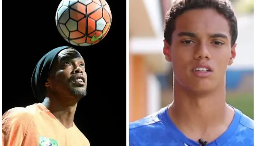 Ronaldinho z piłką nad głową i jego syn. Ile dzieci ma Ronaldinho? Dwoje.