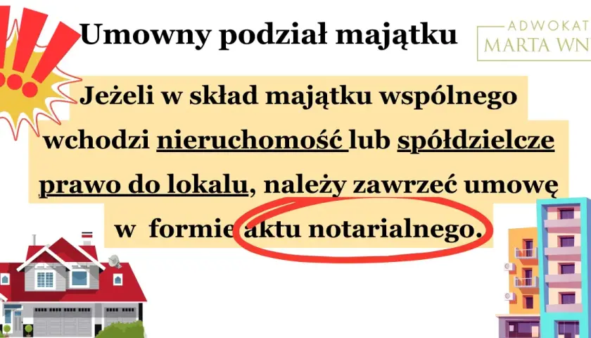 Umowny podział majątku po rozwodzie, gdy wchodzi nieruchomość lub spółdzielcze prawo do lokalu, wymaga aktu notarialnego.