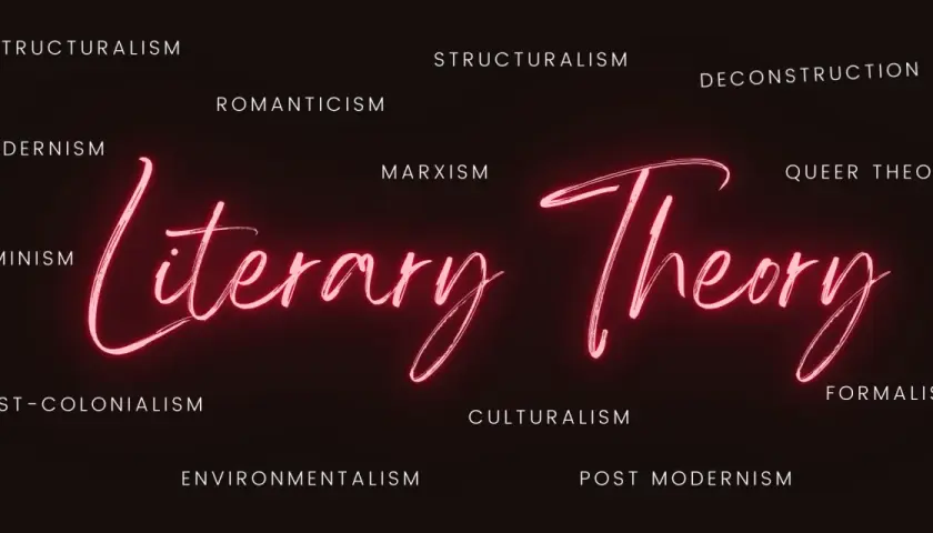 Neonowy napis "Literary Theory" otoczony nazwami różnych teorii literackich.
