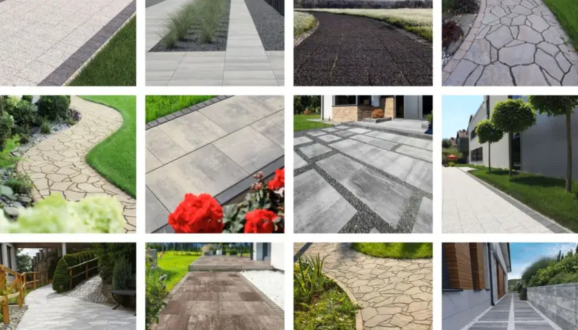 Inspiracje na betonowy chodnik zrób to sam: ścieżki ogrodowe, podjazdy, tarasy. Różne wzory i kolory kostki brukowej.