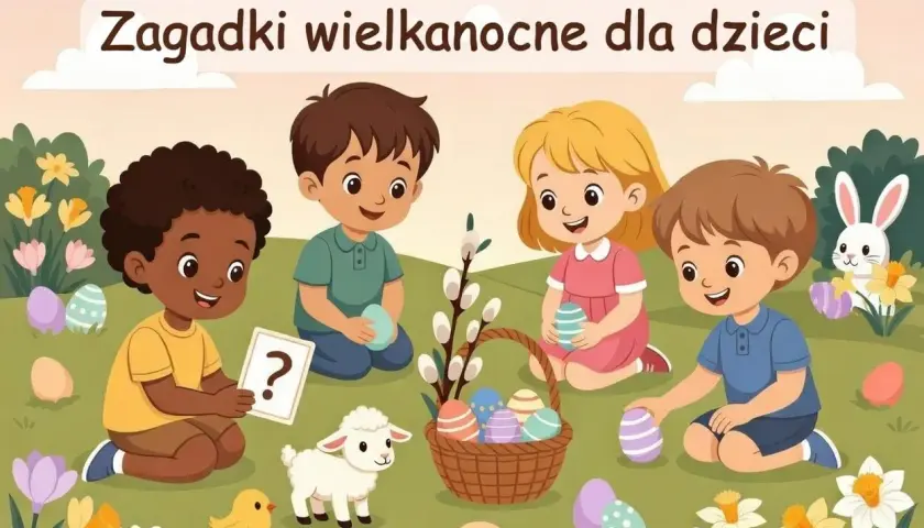 Dzieci szukają jajek wielkanocnych, rozwiązując zagadki. Wesoła atmosfera, pisklę, baranek i zajączek.
