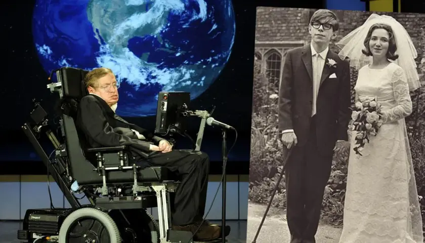Stephen Hawking na wózku inwalidzkim obok zdjęcia ślubnego z żoną.