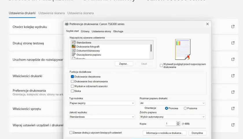 Ustawienia drukarki Canon TS6300 series, zaznaczona opcja drukowanie dwustronne.