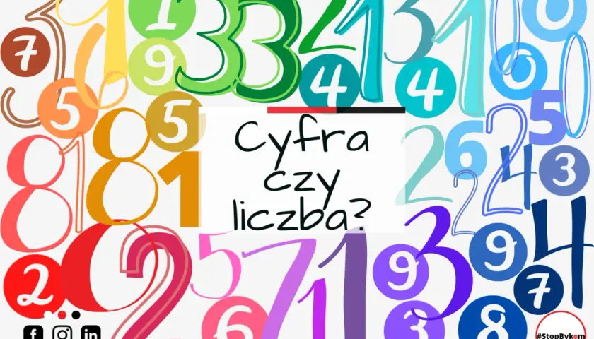 Kolorowe cyfry tworzą tło dla pytania "Cyfra czy liczba?". Widać tu wiele liczb, od 0 do 9, w różnych rozmiarach i barwach.
