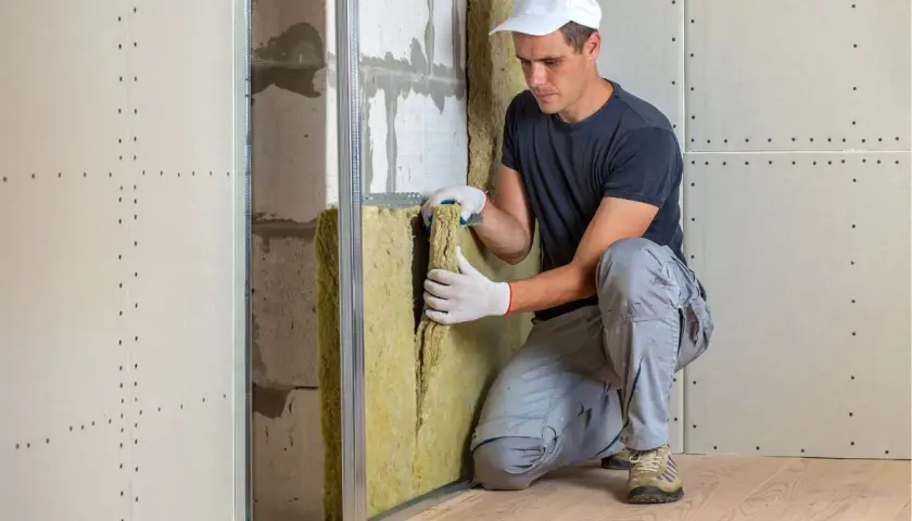 Operaio installa materiale isolante, creando un ambiente più silenzioso. Questo è il miglior isolante acustico per la tua casa.