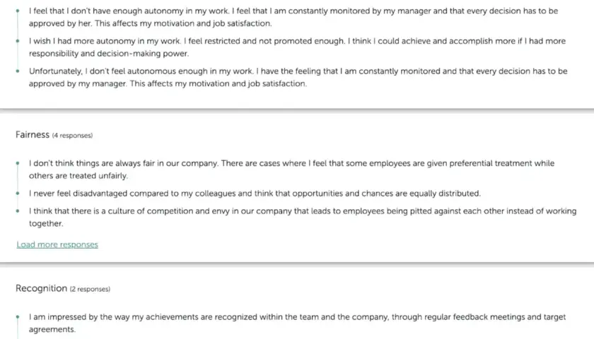 Open ended survey responses on autonomy, fairness, and recognition. Employees share feelings about job control, equitable treatment, and appreciation.
