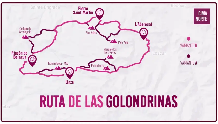 Mapa de la ruta de las golondrinas, con puntos de interés como Pierre Saint Martin, L'Aberouat y Linza, y variantes A y B.