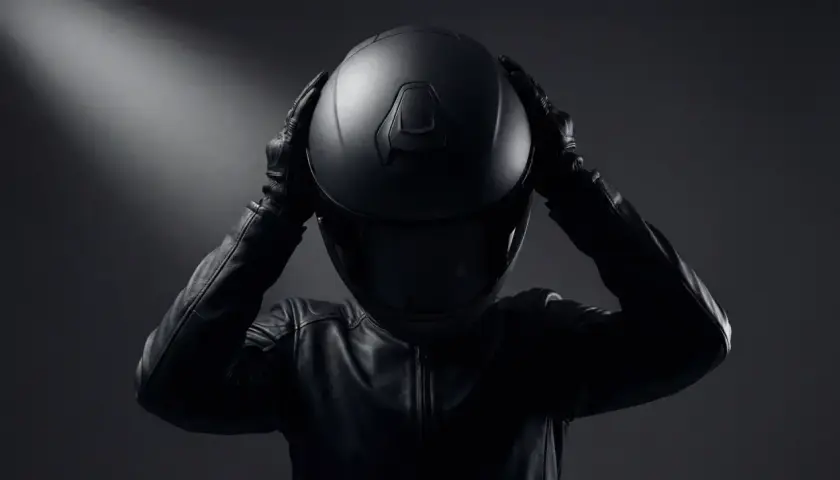 Persona con chaqueta de cuero y guantes se pone un casco negro, con líneas afiladas y modernas.